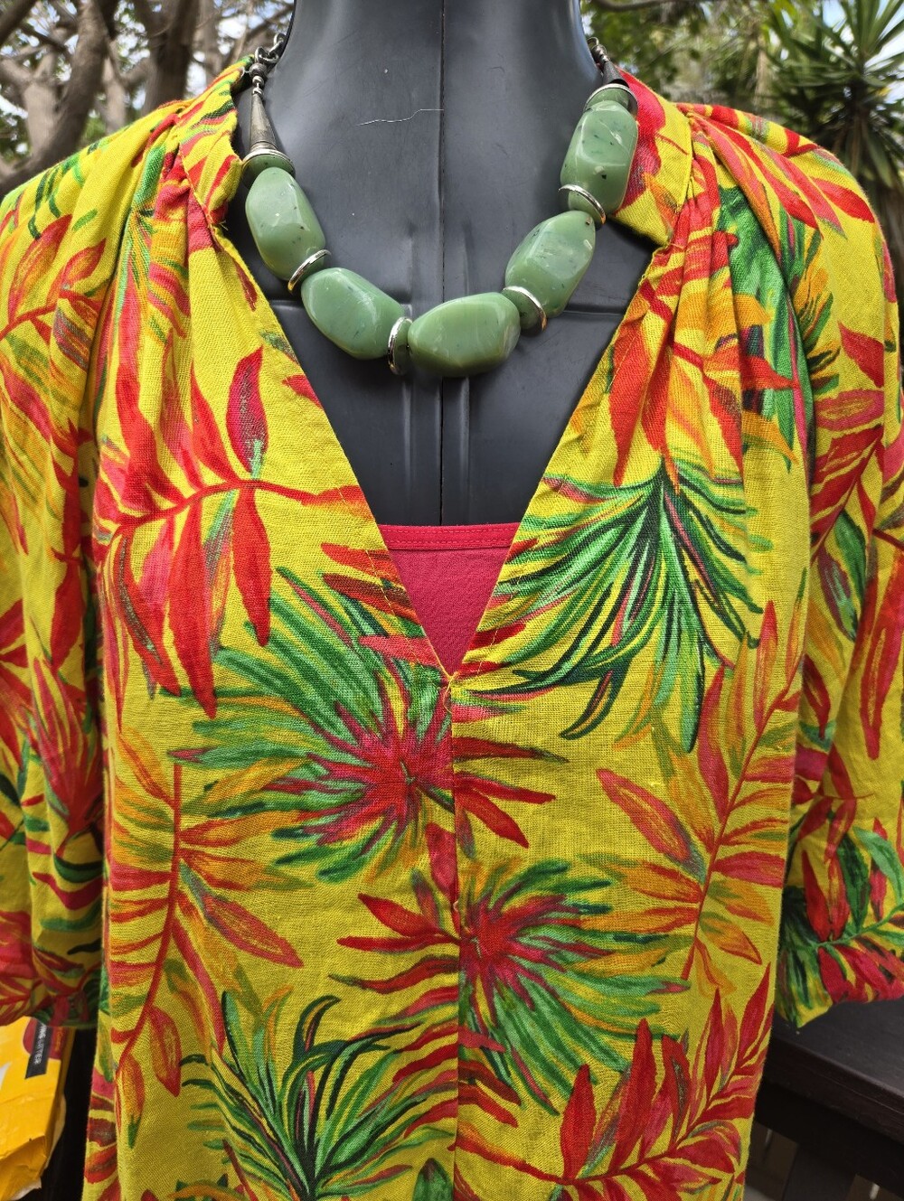 Magaschini Yellow Tropical Print V-Neck Women’s Linen Cover Up Medium Lined